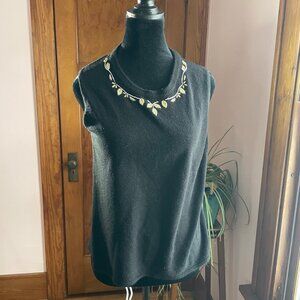 Vintage Y2K 90s Black Embroidered Sweater Vest Knit Gold Leaf Elegant Grandmacor